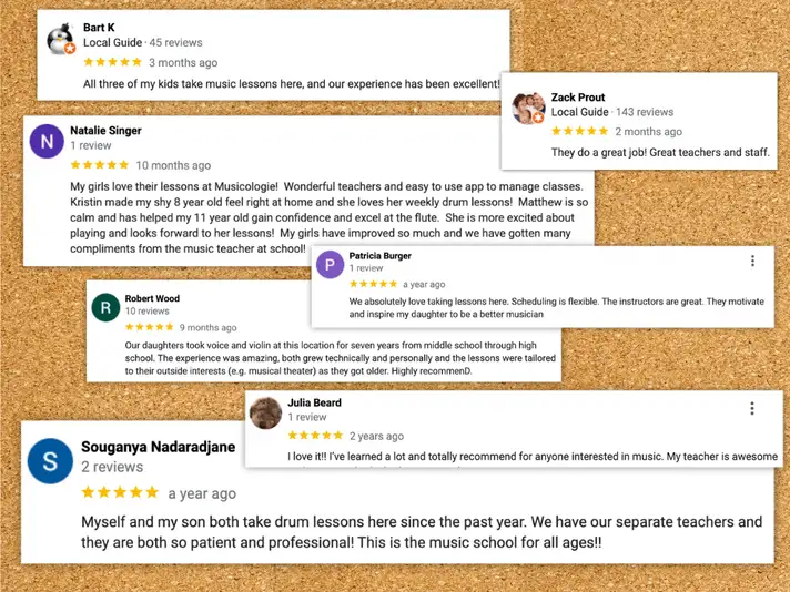 A corkboard with real Musicologie Google reviews attached
