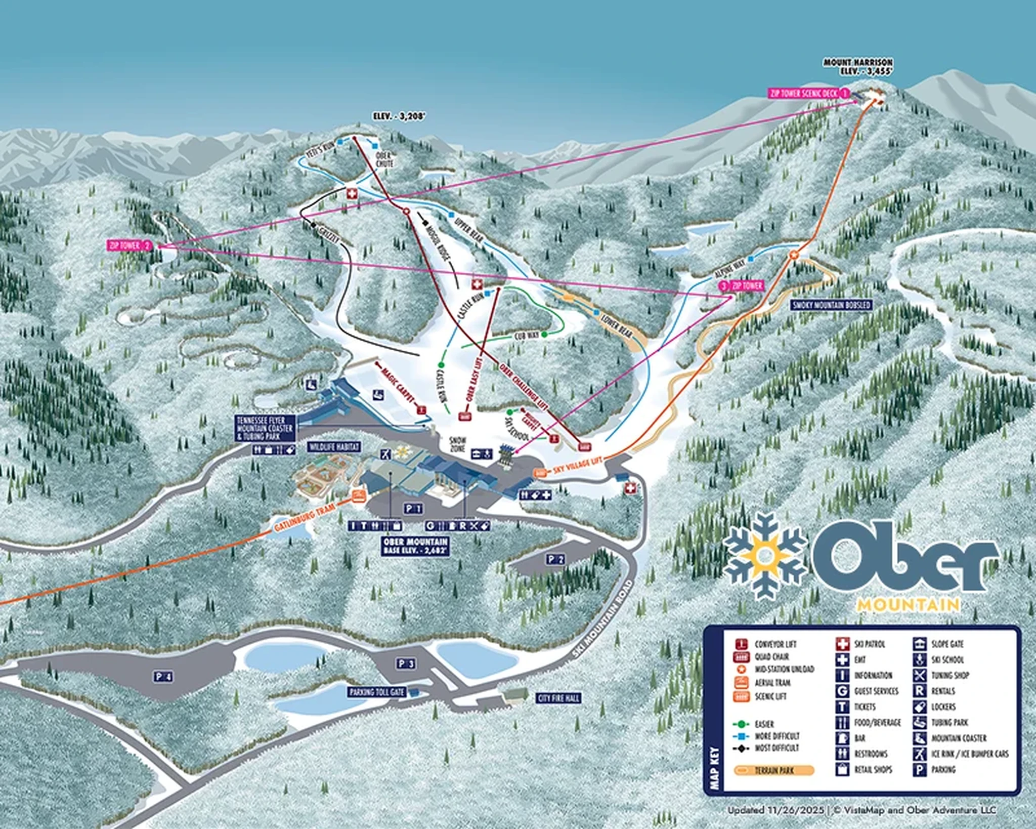 Winter map of Ober Mountain with ski trails, zip lines, lifts, and more