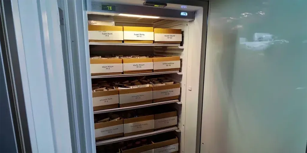 Cannabis seeds stored in a fridge, maintaining their viability and readiness for planting at a later time. A container of cannabis seeds kept in a refrigerator, preserving their freshness and ensuring they remain viable for future planting.
