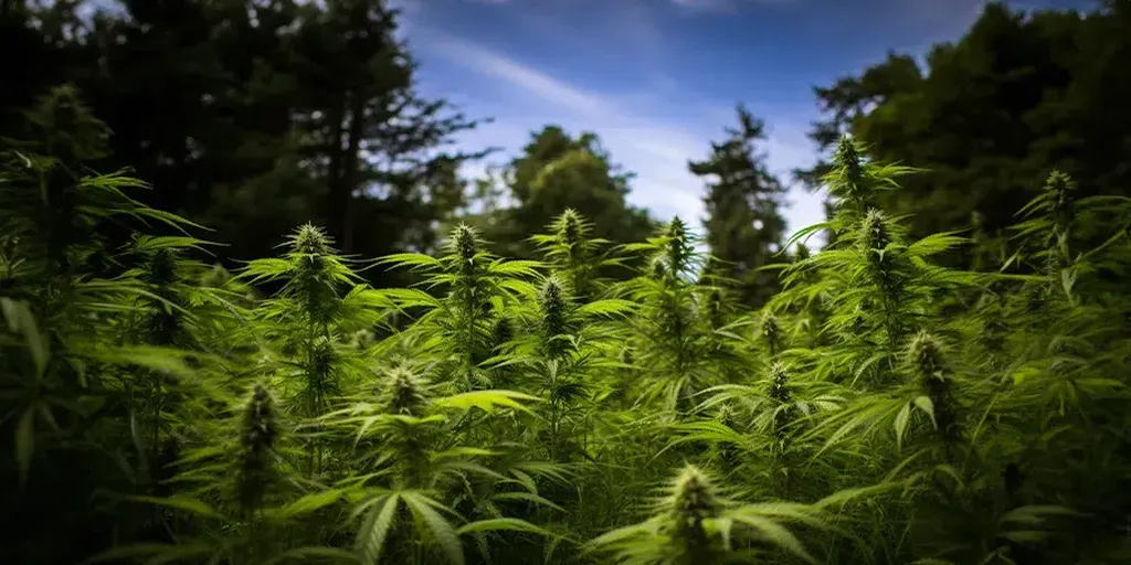 Cannabis plants growing in a forest, benefiting from the natural shade and organic soil. A group of cannabis plants growing naturally in a forest, surrounded by trees and benefiting from organic soil, showcasing the adaptability of cannabis to forest environments.