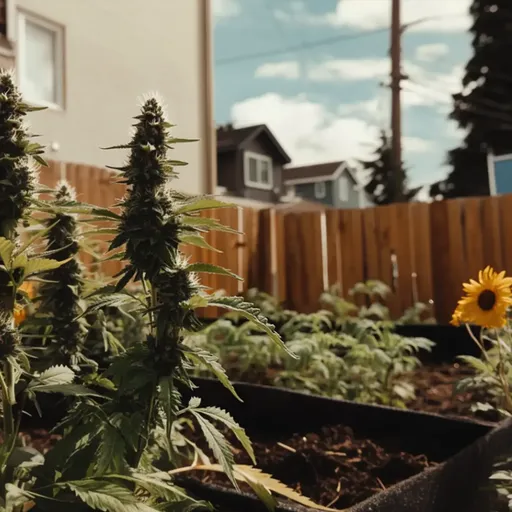 Cannabis plants and a sunflower in a garden with wooden fence, houses, and cloudy sky in the background.