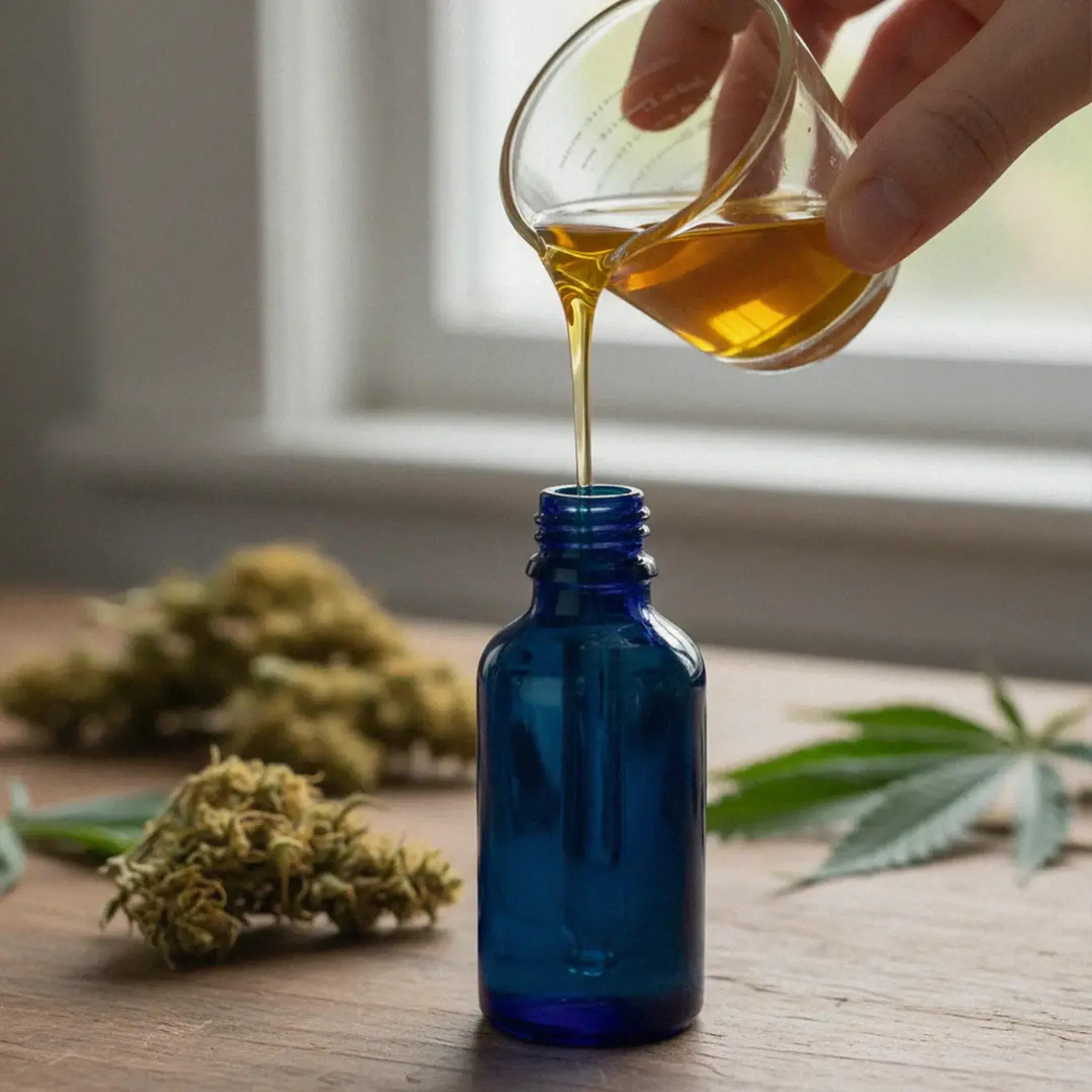 Hand pouring golden cannabis oil into a small blue bottle, with hemp buds and a cannabis leaf blurred on a wooden table.