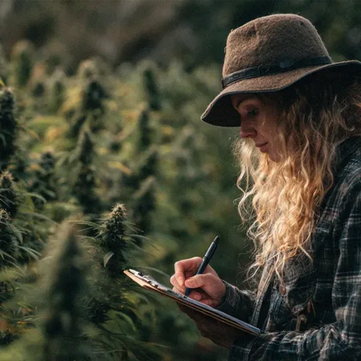 Person in a hat takes notes on a clipboard while examining plants in a field.