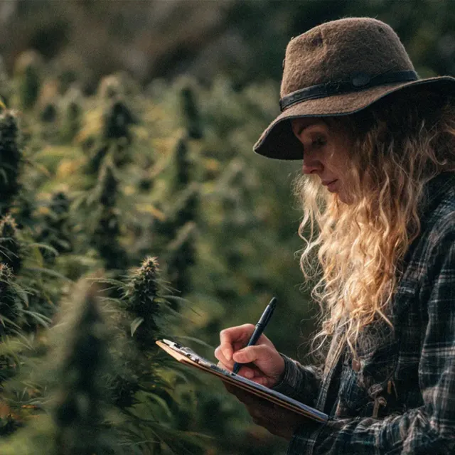 Person in a hat takes notes on a clipboard while examining plants in a field.