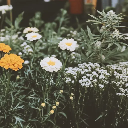 A garden with orange marigolds, white daisies, and small white flowers, surrounded by green foliage.