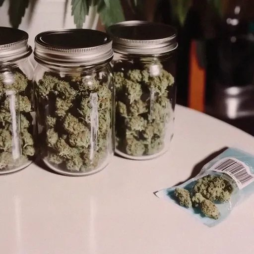 Three glass jars filled with green cannabis buds on a white table, with a small plastic bag of buds nearby.