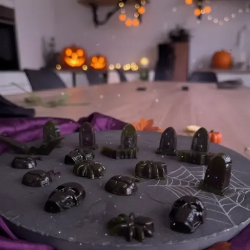 Halloween-themed gummy candies shaped like tombstones, pumpkins, and bats on a plate. Blurred background with pumpkins and string lights.