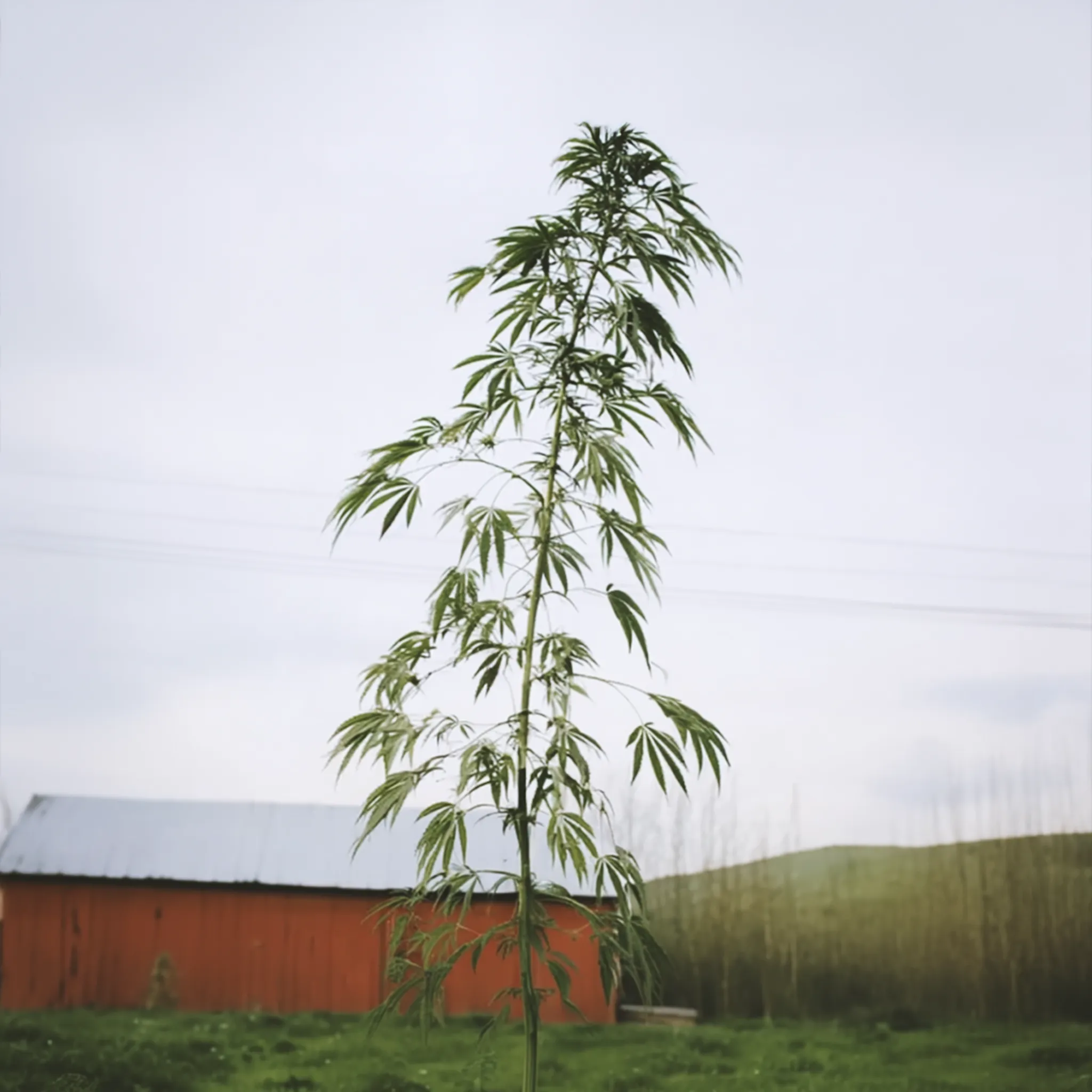 Tall plant with slender leaves in a grassy field, red barn and overcast sky in the background.