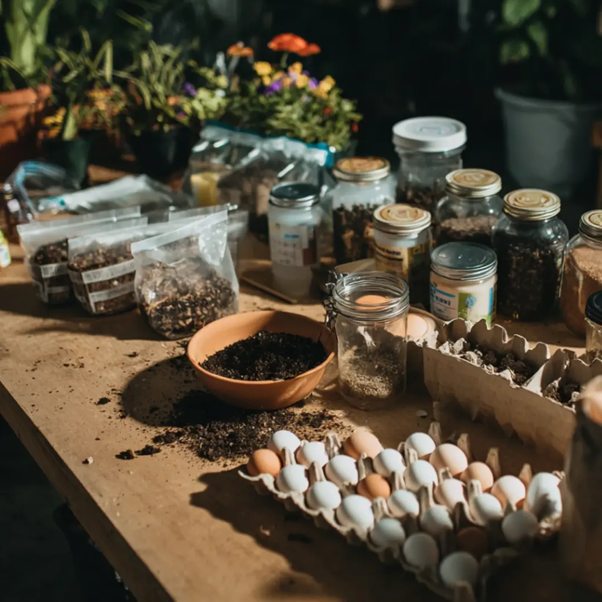A wooden table with jars, bags of soil, a bowl with soil, and egg cartons filled with eggs, surrounded by potted plants and flowers.
