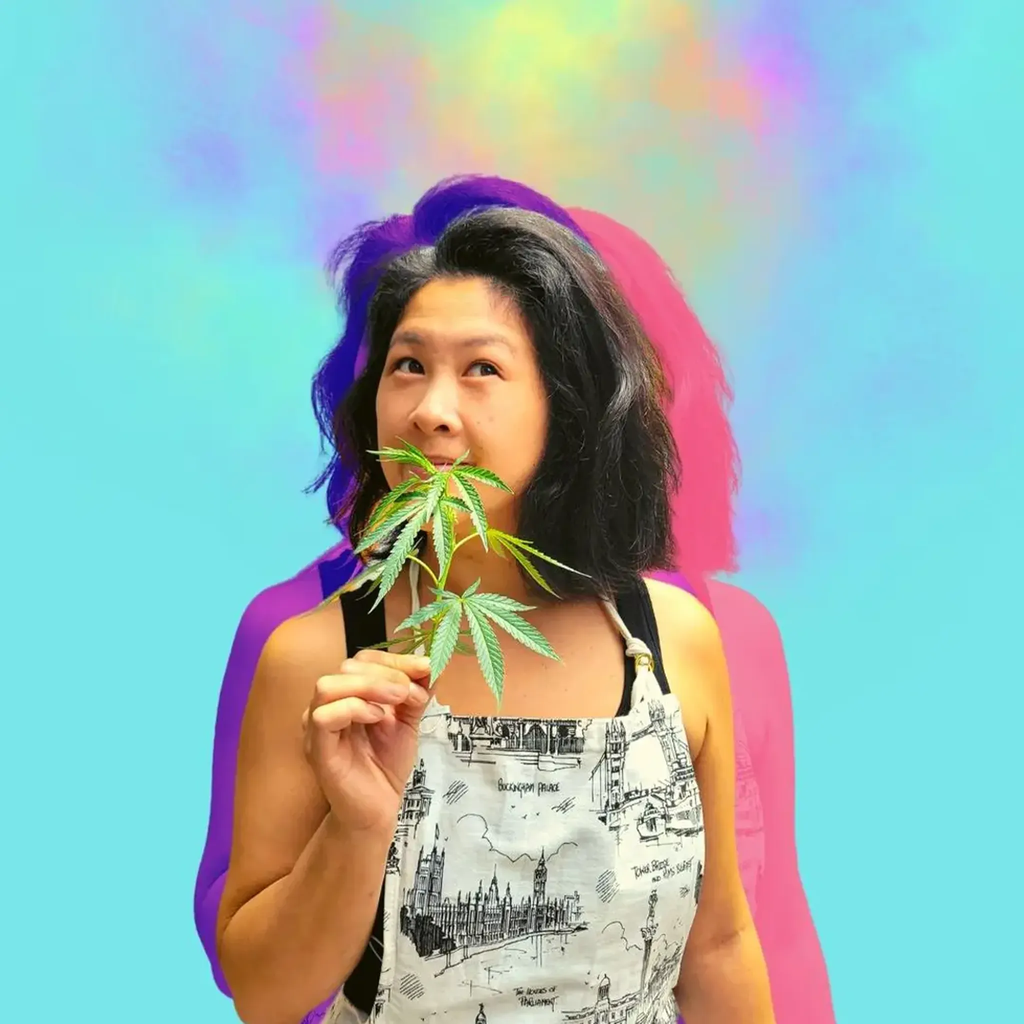 Woman holding a cannabis leaf, wearing a printed apron, with a colorful, psychedelic background.