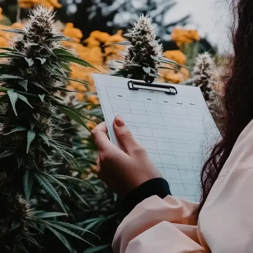 Person holding a clipboard, observing flowering plants in a garden with yellow blooms.