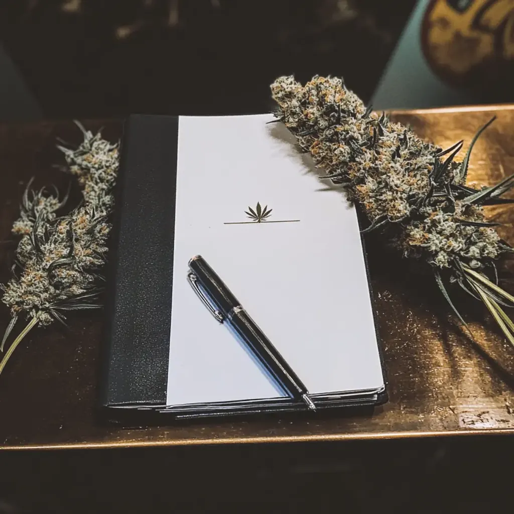 Notebook with a cannabis leaf design, a pen on top, surrounded by cannabis buds on a wooden surface.