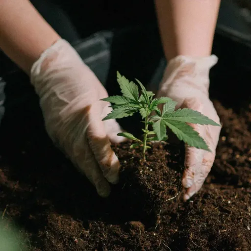 Hands in gloves planting a small leafy green seedling into dark soil, symbolizing gardening or agriculture.