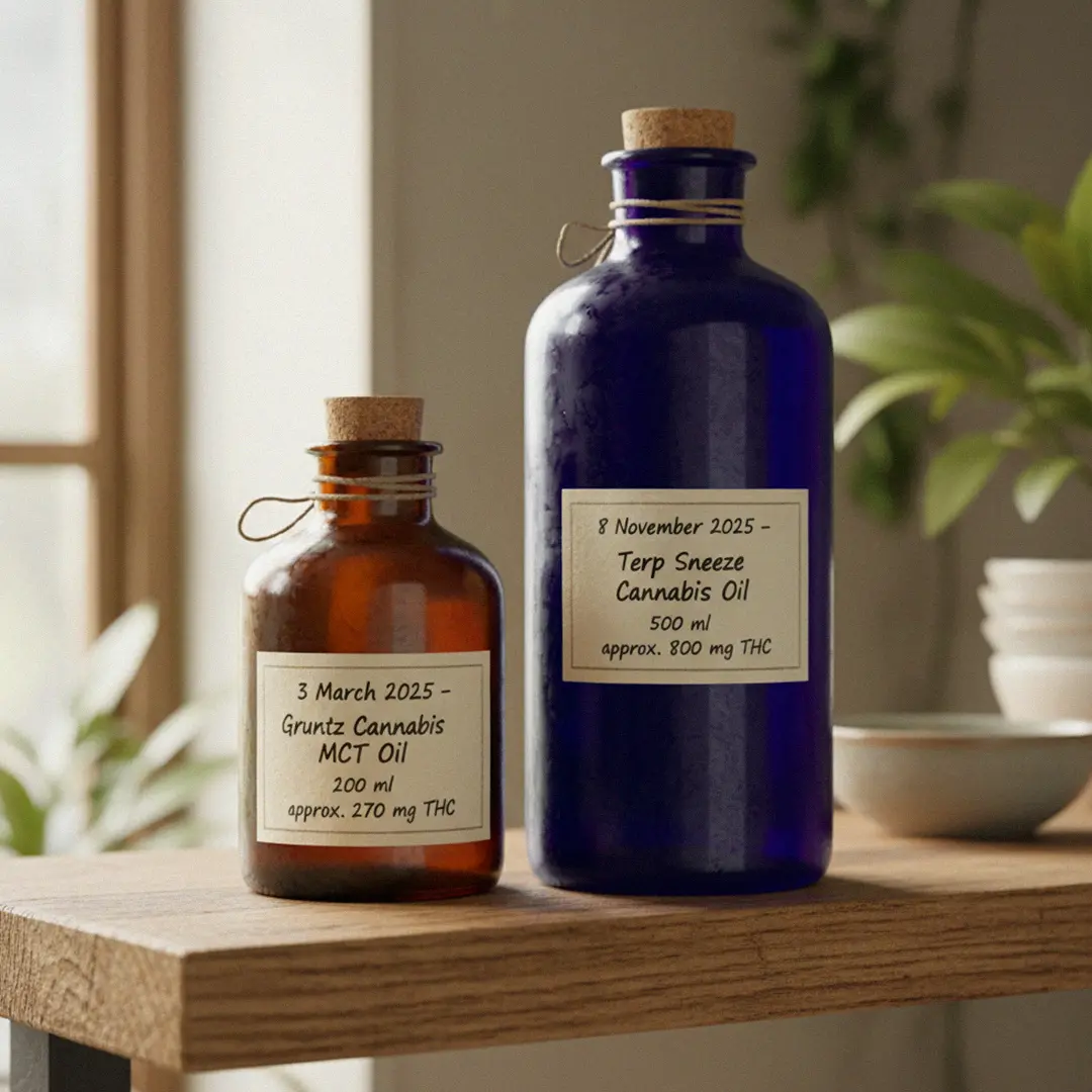 Two corked bottles on a wooden table: amber labeled