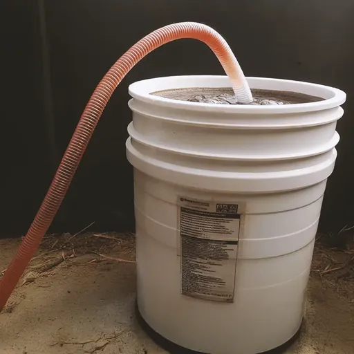 White plastic barrel filled with liquid, connected to a red hose. The barrel has a label with text and is placed on a concrete floor.