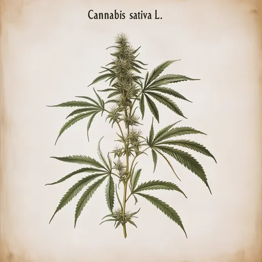 Illustration of a Cannabis sativa plant with detailed green leaves and buds, labeled "Cannabis sativa L." on a beige background.