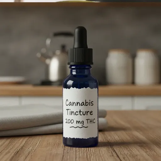 Blue glass dropper bottle labeled Cannabis Tincture 200 mg THC on a wooden countertop with a blurred kitchen background