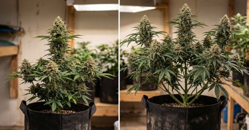 Healthy cannabis plants side by side. The larger, bushier plant represents feminized seeds, which give growers more control and can produce bigger plants. The smaller, compact plant represents autoflower plants.