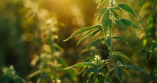 A cannabis plant in the early stages of flowering, with small buds and pistils beginning to form, marking the transition from vegetative growth.