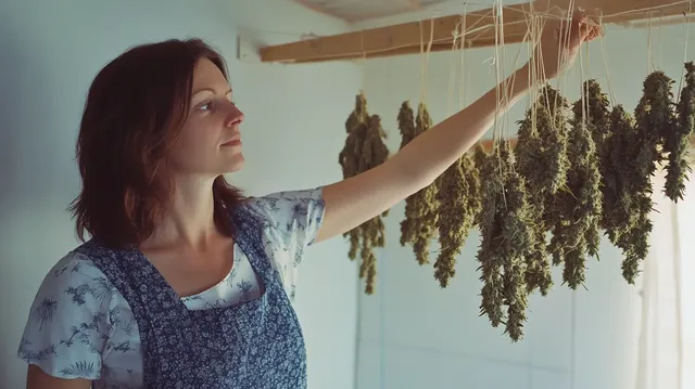 A woman hanging cannabis branches upside down in a drying room, ensuring optimal drying conditions and preventing mold.