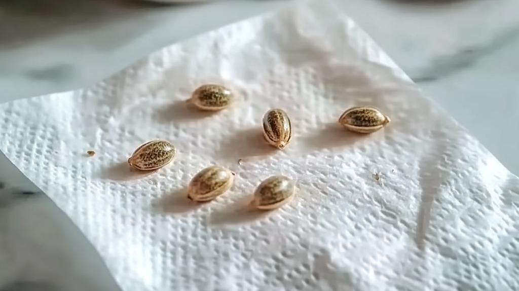 Cannabis seeds germinating on a wet paper towel, with taproots visible and signaling the start of the sprouting process.