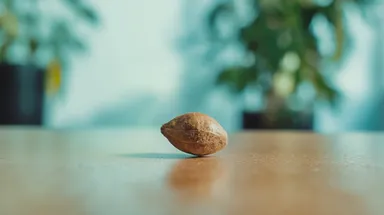 A close-up of a single cannabis seed placed on a smooth wooden table, highlighting its small, oval shape and mottled brown coloring.