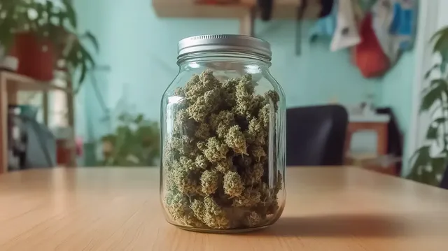 A glass jar containing freshly harvested cannabis buds, ready for curing to improve aroma, flavor, and potency.