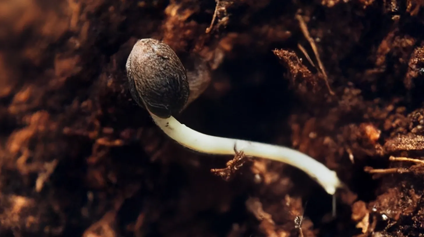 Close-up of a cannabis seed with its taproot visible, signaling the early stages of germination and root development.
