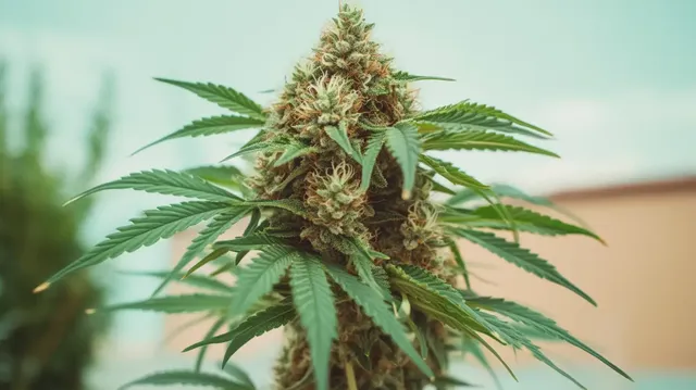 A robust autoflowering cannabis plant growing outdoors, with dense buds and a compact structure, showcasing the rapid growth and high resin production typical of autoflowering varieties.