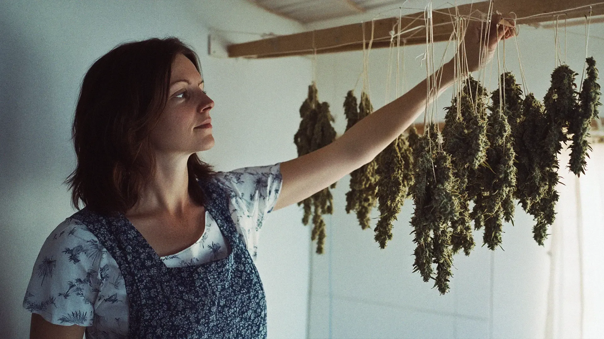 Woman in a floral dress hangs cannabis plants to dry on a wooden rack indoors, observing them closely.