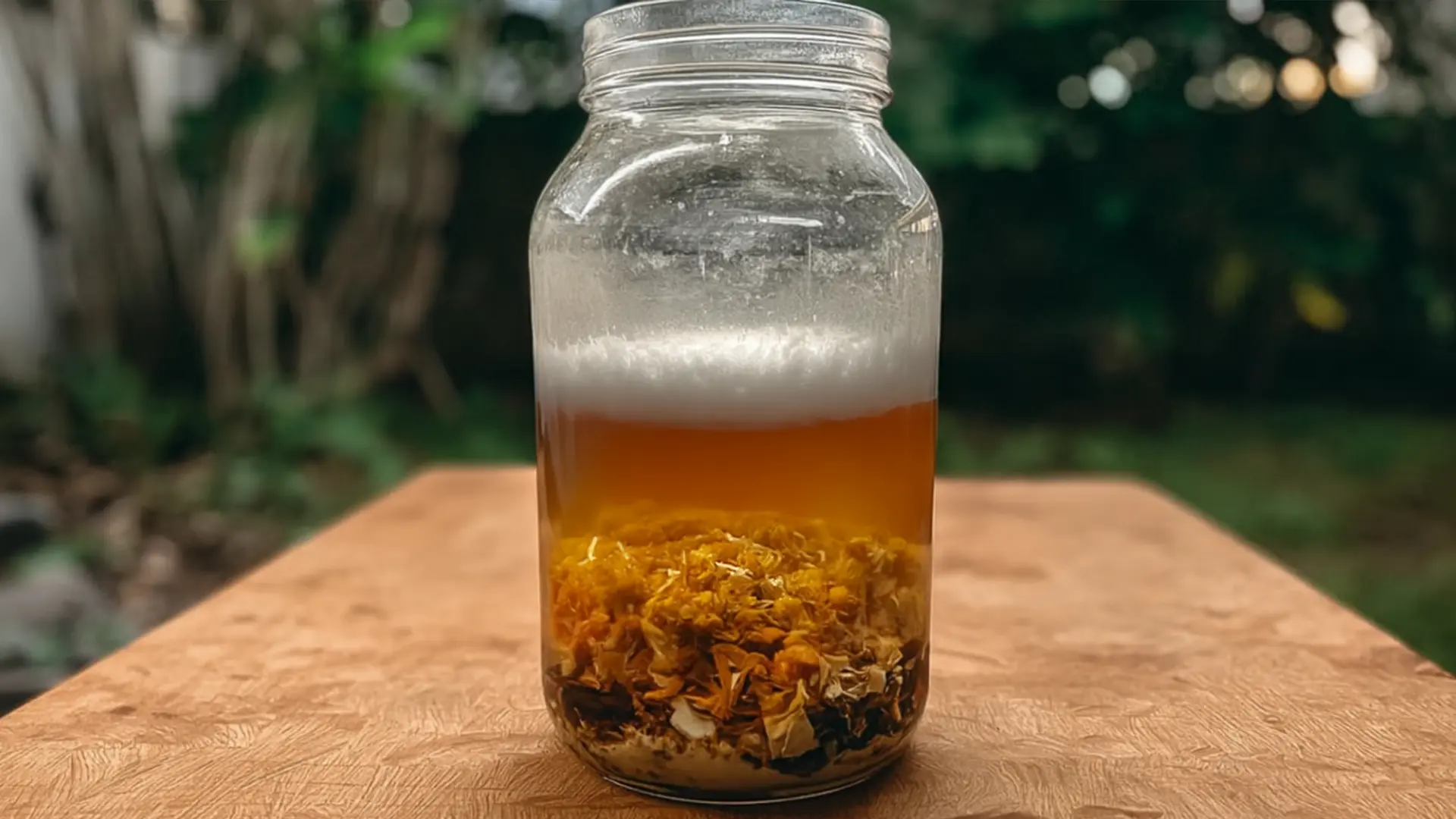 A glass jar filled with layers of herbs and liquids, sitting on a wooden surface with a blurred green background.