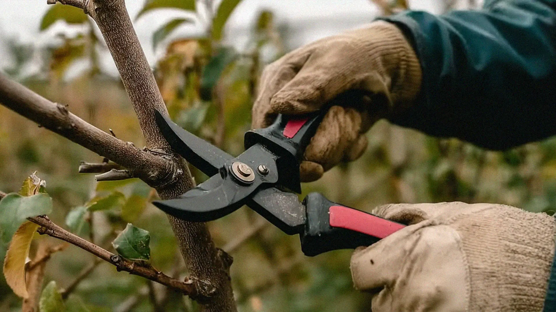 Hands in gloves using pruning shears to cut a tree branch, surrounded by green leaves.