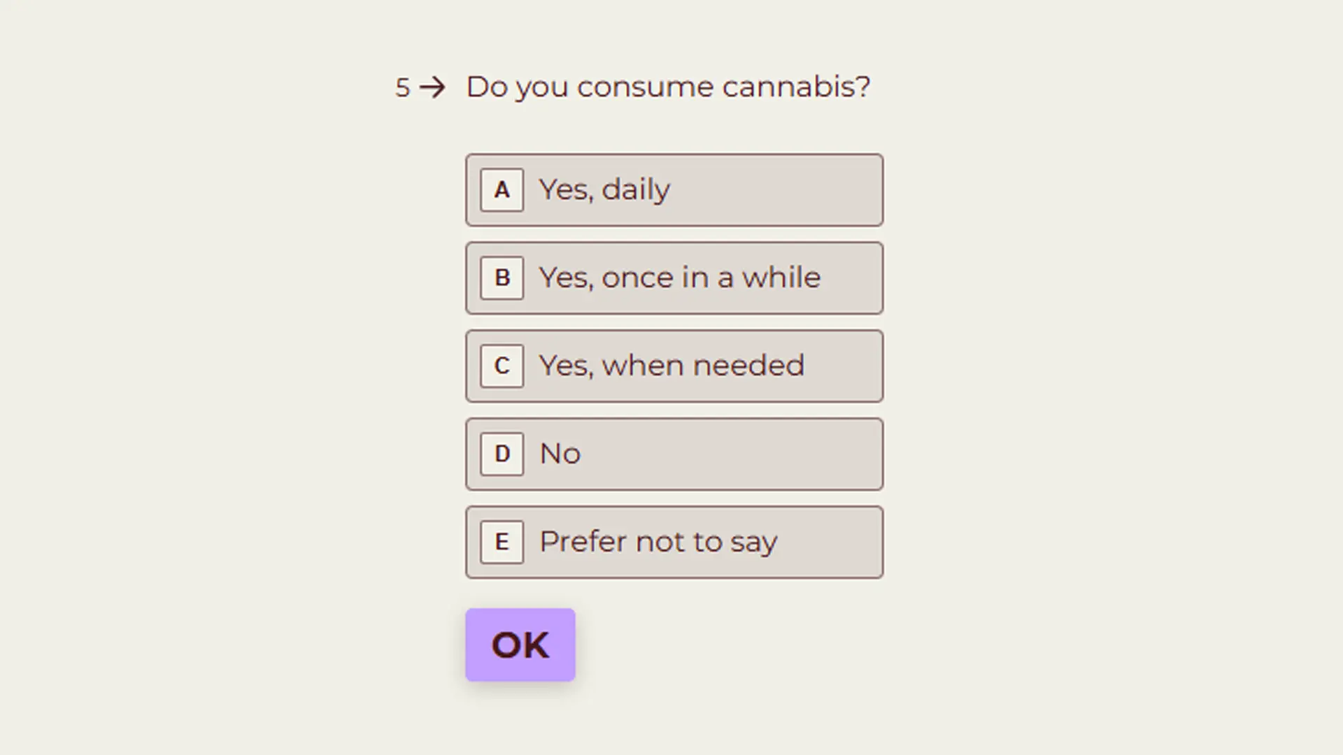 Survey question asking about cannabis consumption with options: A) Yes, daily, B) Yes, once in a while, C) Yes, when needed, D) No, E) Prefer not to say.