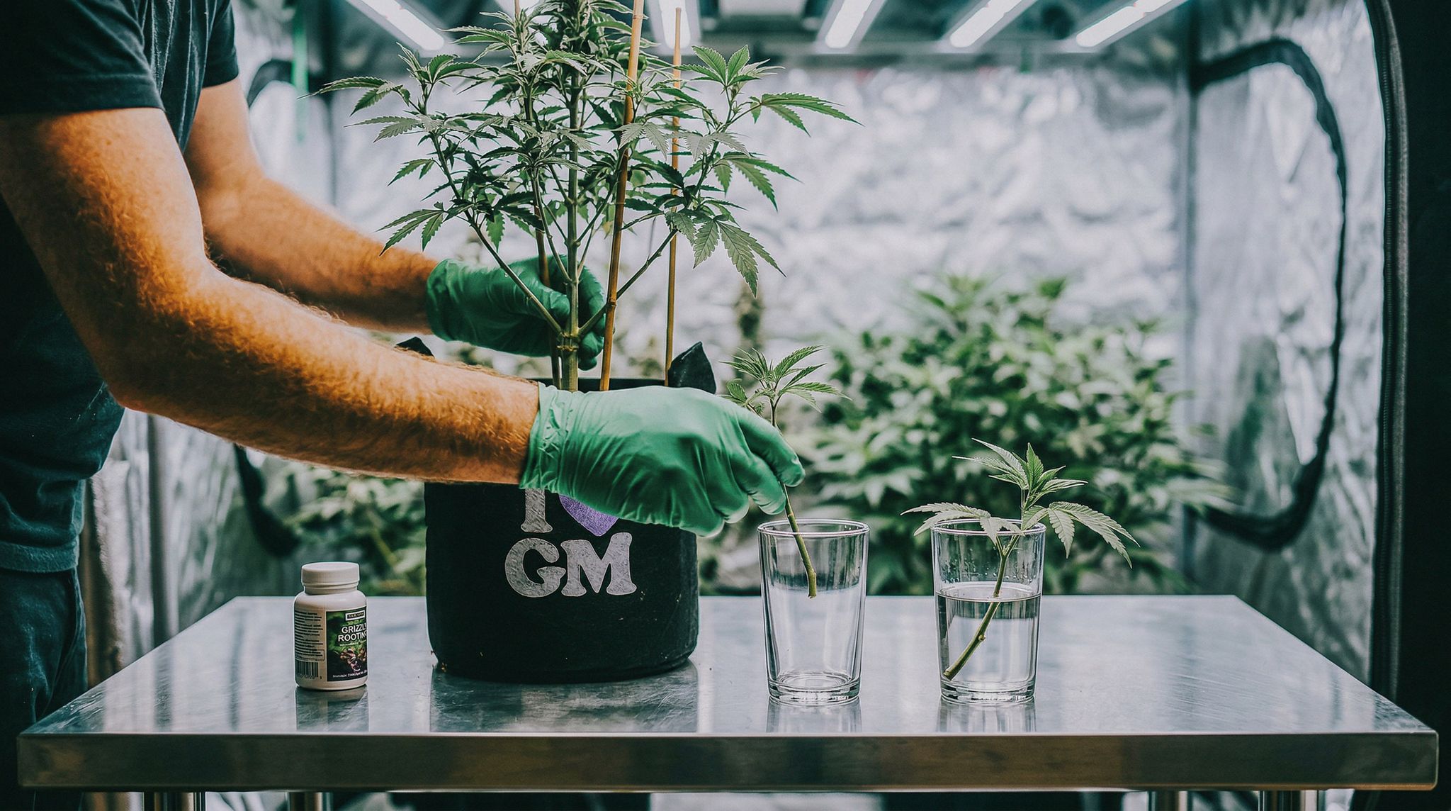 grower holding cannabis clones in water