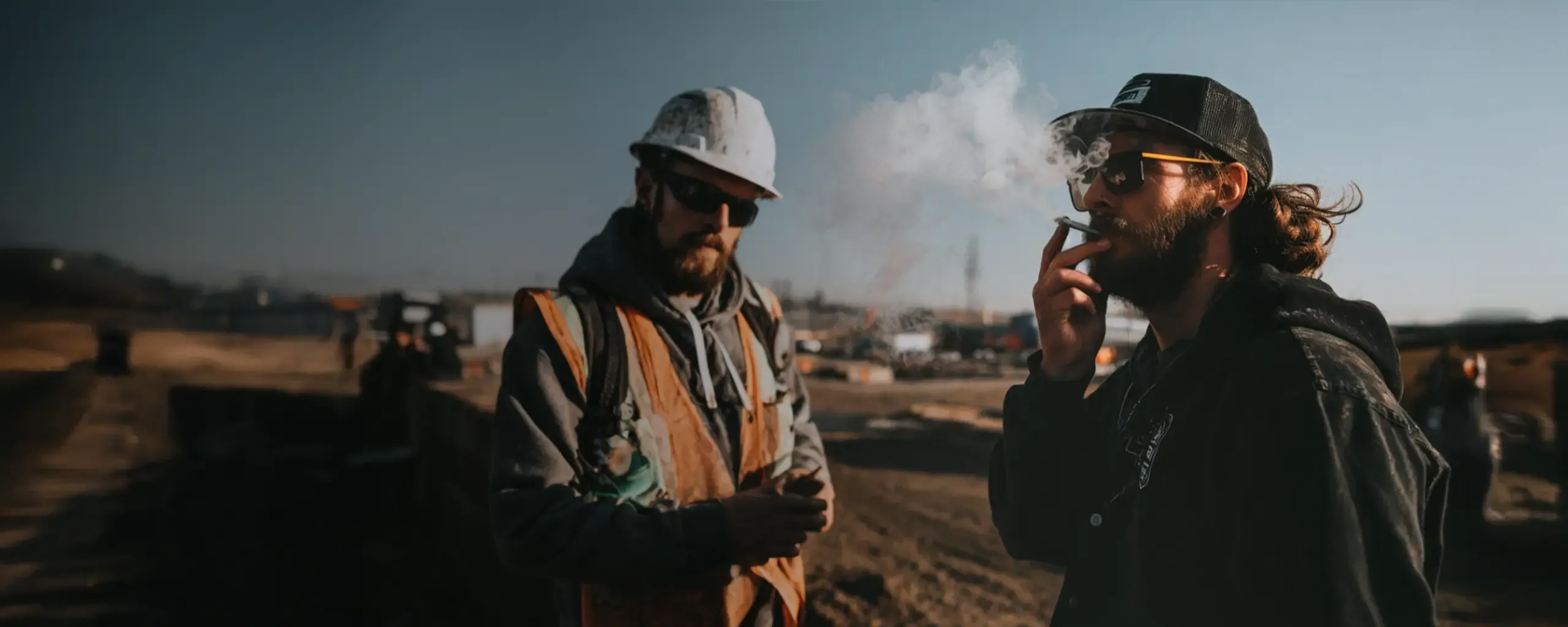 Two construction workers in sunglasses; one smokes a cigarette, the other wears a hard hat and vest. Blurred construction site in the background.