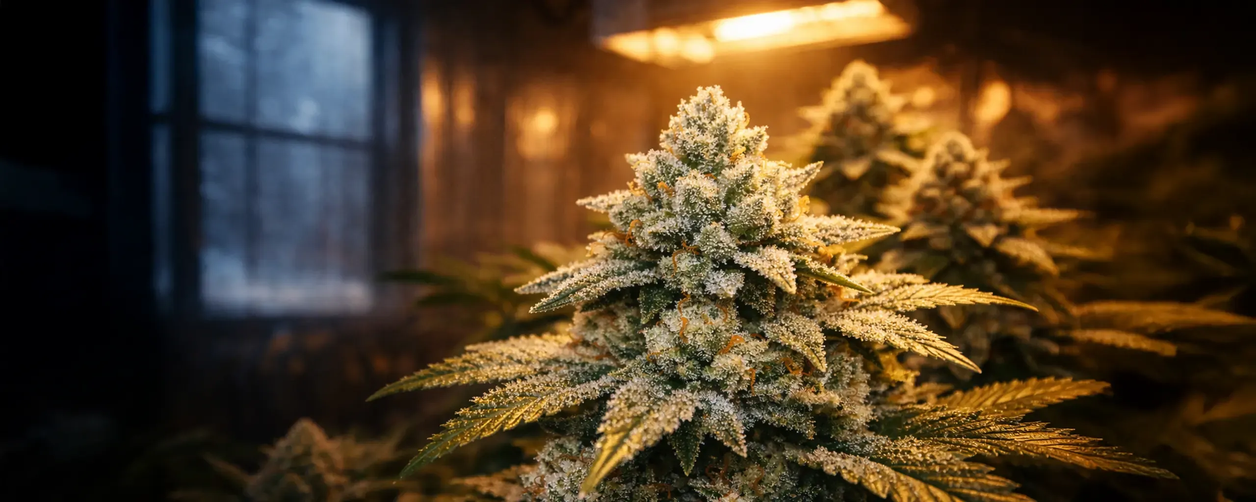 Close-up of a budding cannabis plant indoors, illuminated by warm lights, with leaves covered in frosty trichomes.