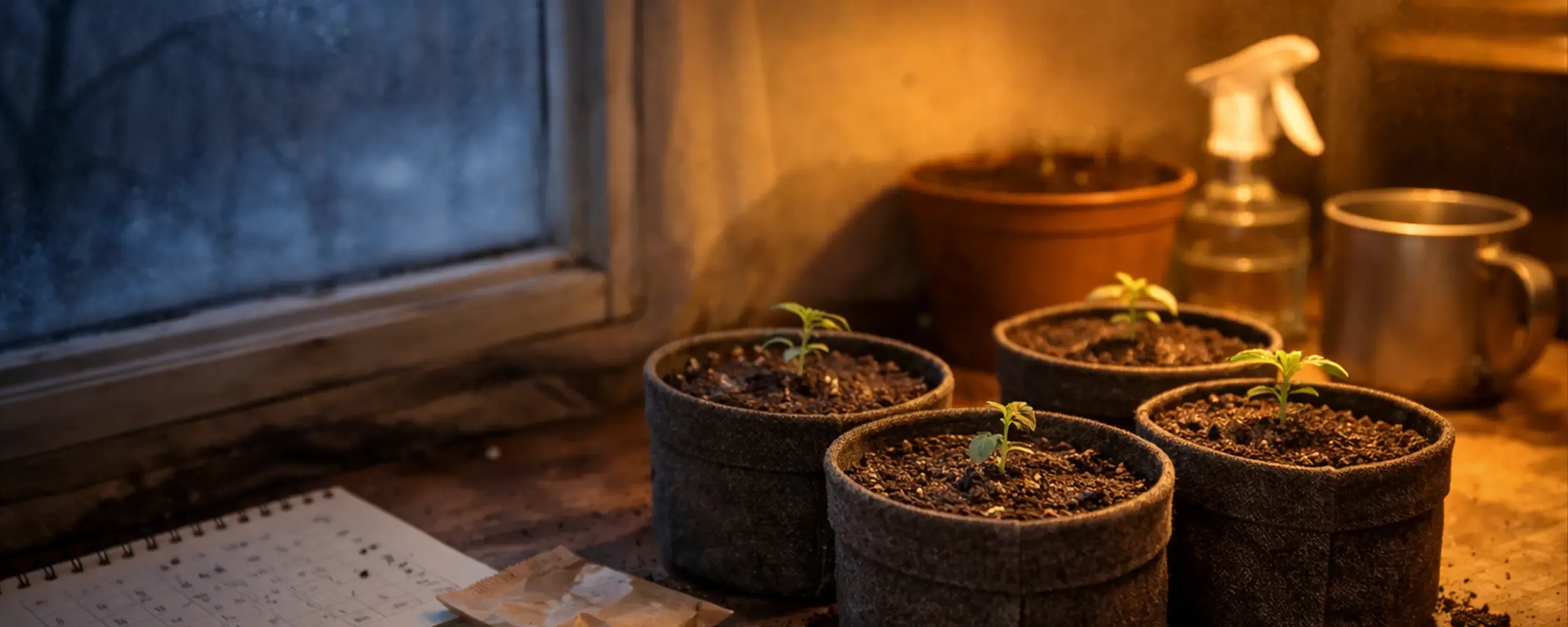 Small plants in pots on a windowsill, illuminated by warm light, with a calendar, seed packets, and a spray bottle nearby.