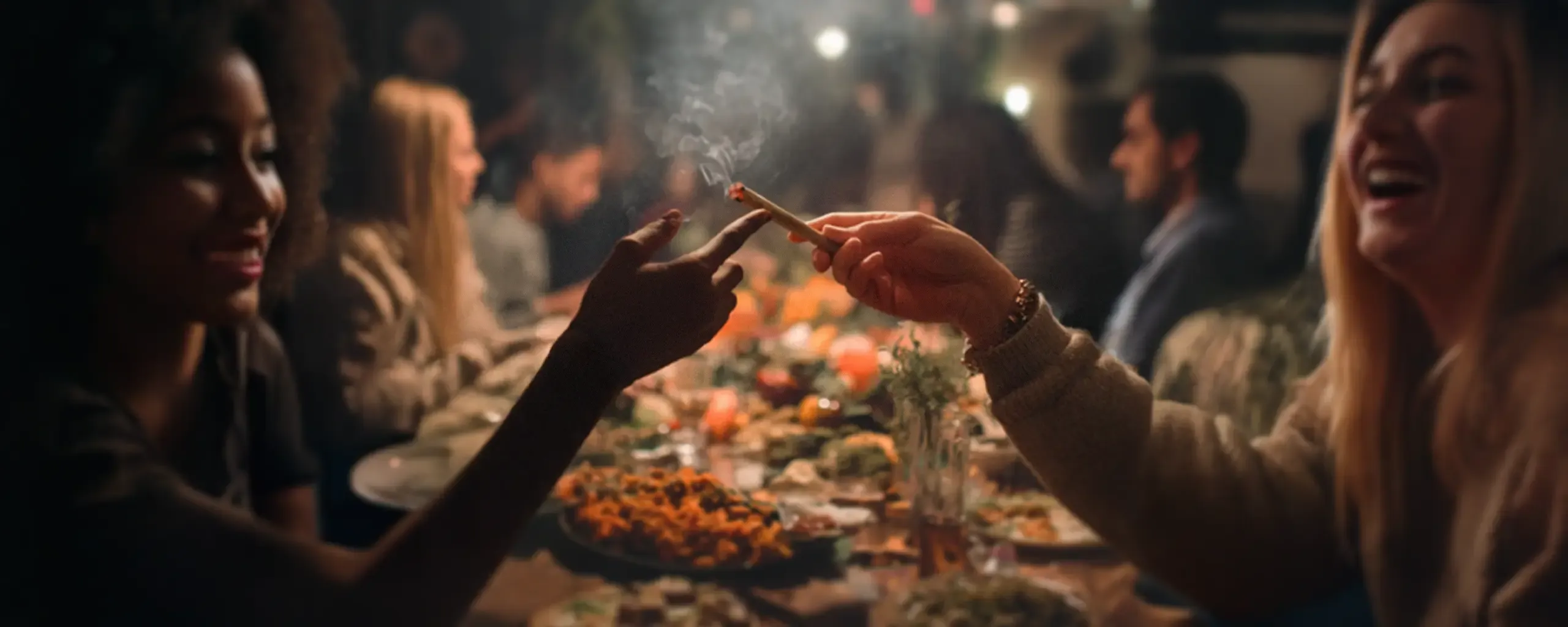 Two people passing a lit joint over a dinner table with food, surrounded by a group of people in a dimly lit setting.