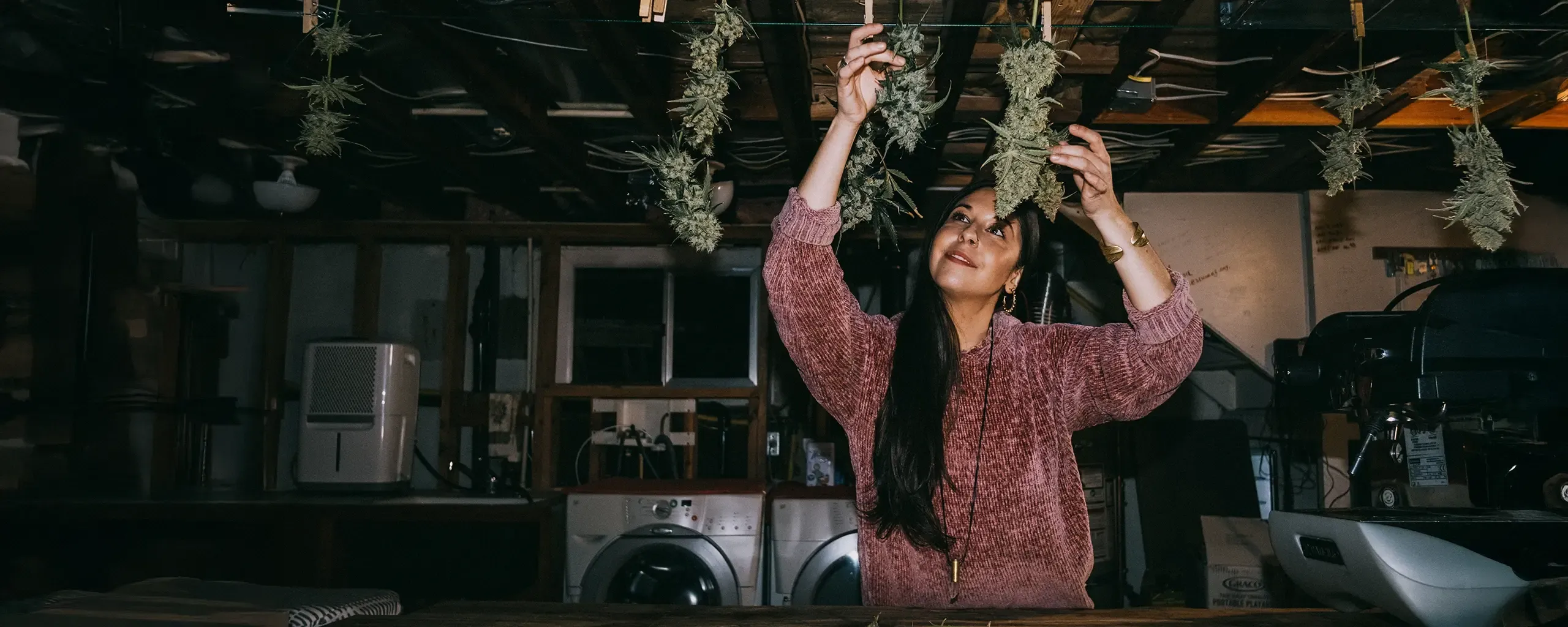 A woman in a pink sweater hangs herbs to dry in a dimly lit room with a washing machine and dryer in the background.