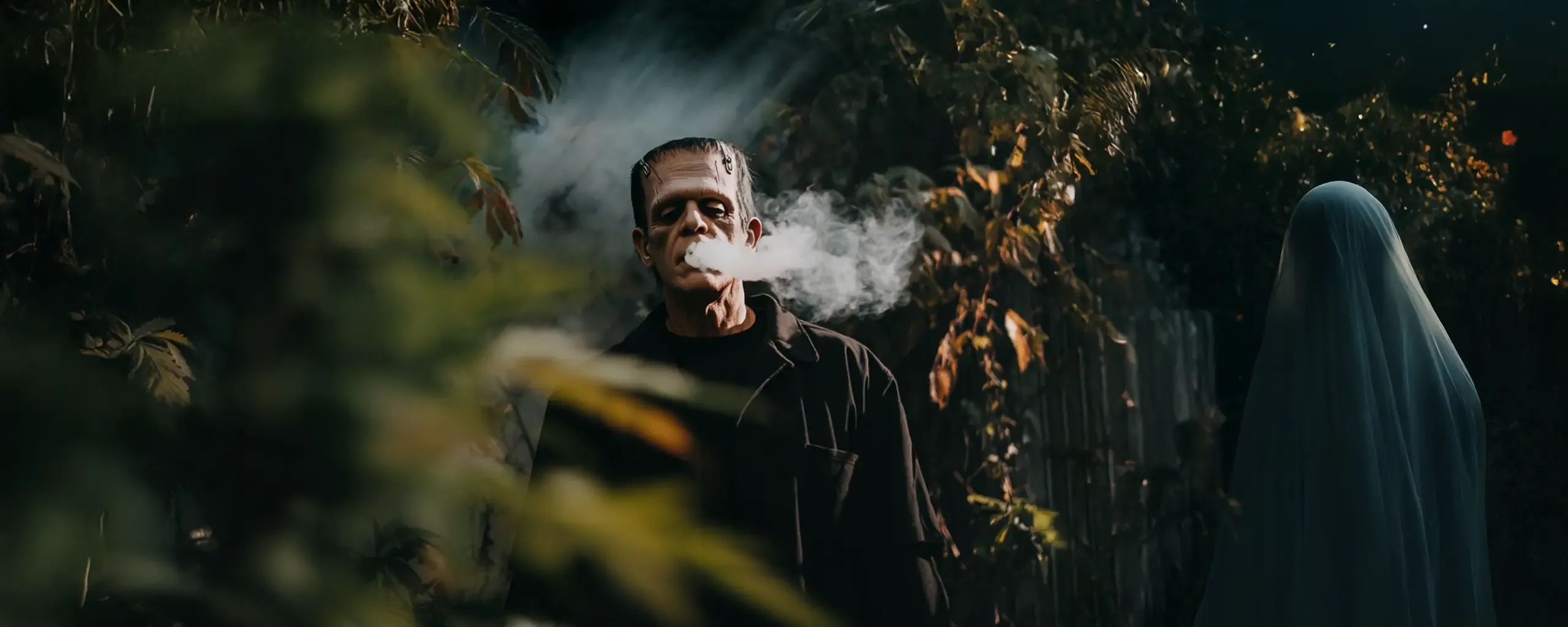 A person in a Frankenstein costume exhales smoke in a garden, with another figure in a blue cloak standing nearby.