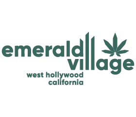 Logo with text "emerald village" featuring a cannabis leaf, and "west hollywood california" below in green font.