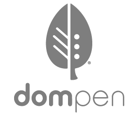 Logo of "dompen" featuring a stylized leaf with lines and dots, above the brand name in lowercase letters.