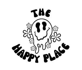 A white, melting smiley face surrounded by flowers on a black background.