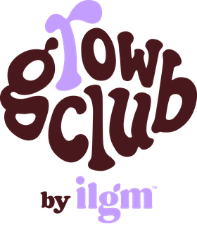 Retro-style "Grow Club by ilgm" logo with playful, wavy text in brown and purple on a transparent background.