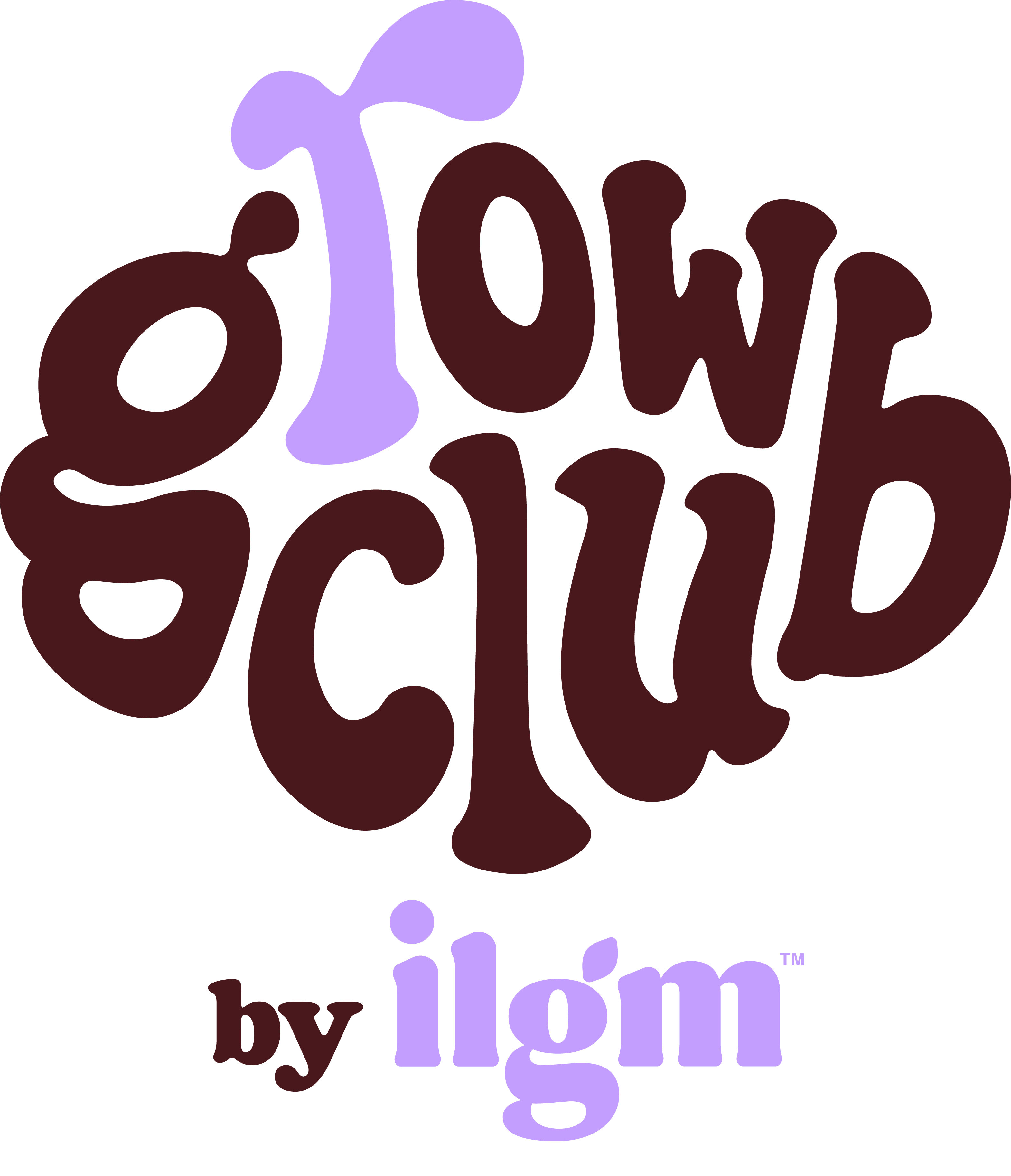 Retro-style "Grow Club by ilgm" logo with playful, wavy text in brown and purple on a transparent background.