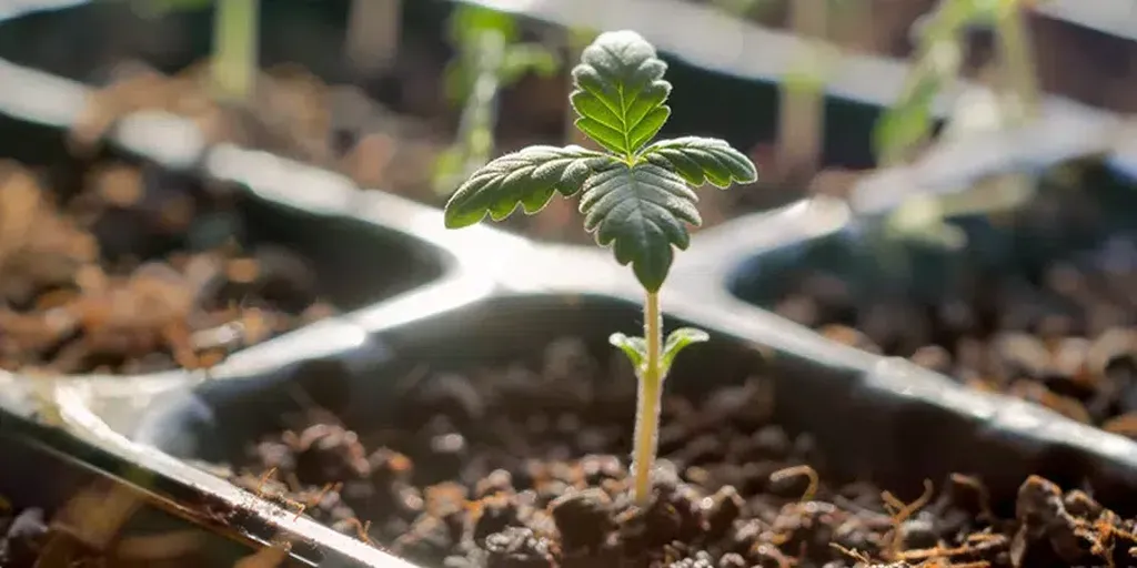 A cannabis seedling in soil, with its first set of leaves emerging and establishing roots in the growing medium.