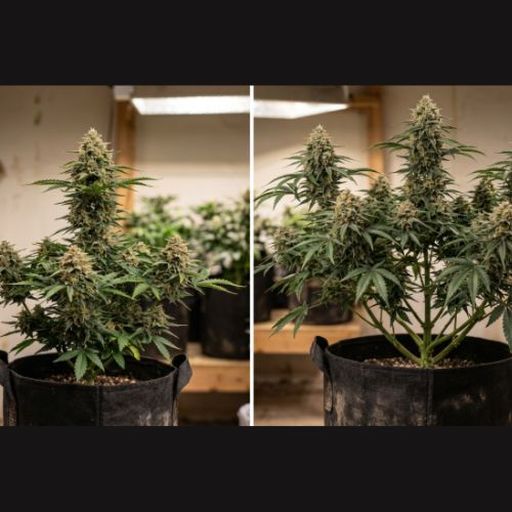 Side by side of feminized and autoflower cannabis plants