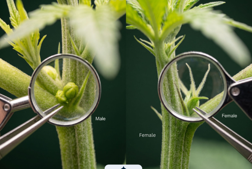 Two magnifying glasses being used to spot the early differences between male and female weed plants. Magnifying glasses being used to spot the early differences between male and female weed plants.