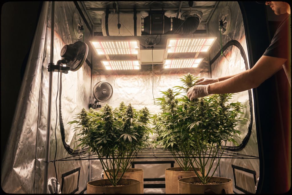 Healthy cannabis plants inside a cannabis grow tent.
