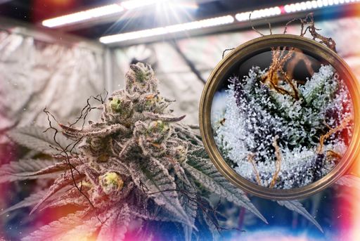 Trichomes under magnifying glass An close-up view of cannabis trichomes seen through a magnifying glass